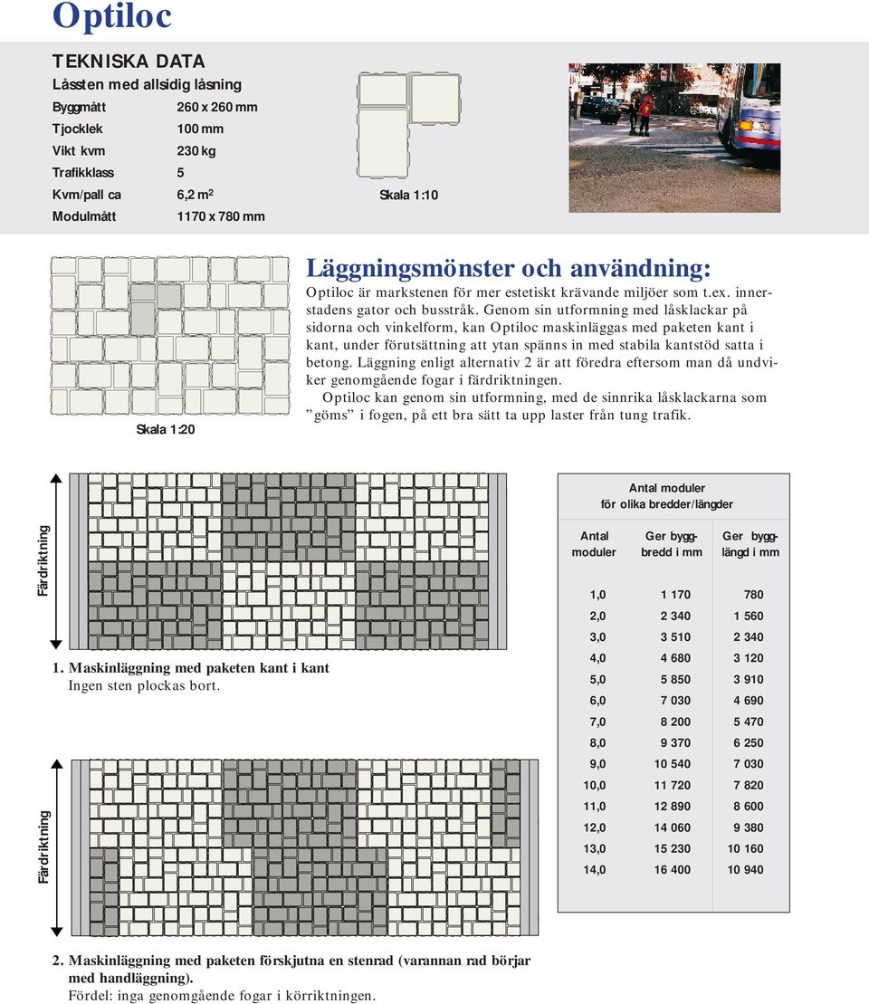 Genom sin utformning med låsklackar på sidorna och vinkelform, kan Optiloc maskinläggas med paketen kant i kant, under förutsättning att ytan spänns in med stabila kantstöd satta i betong.