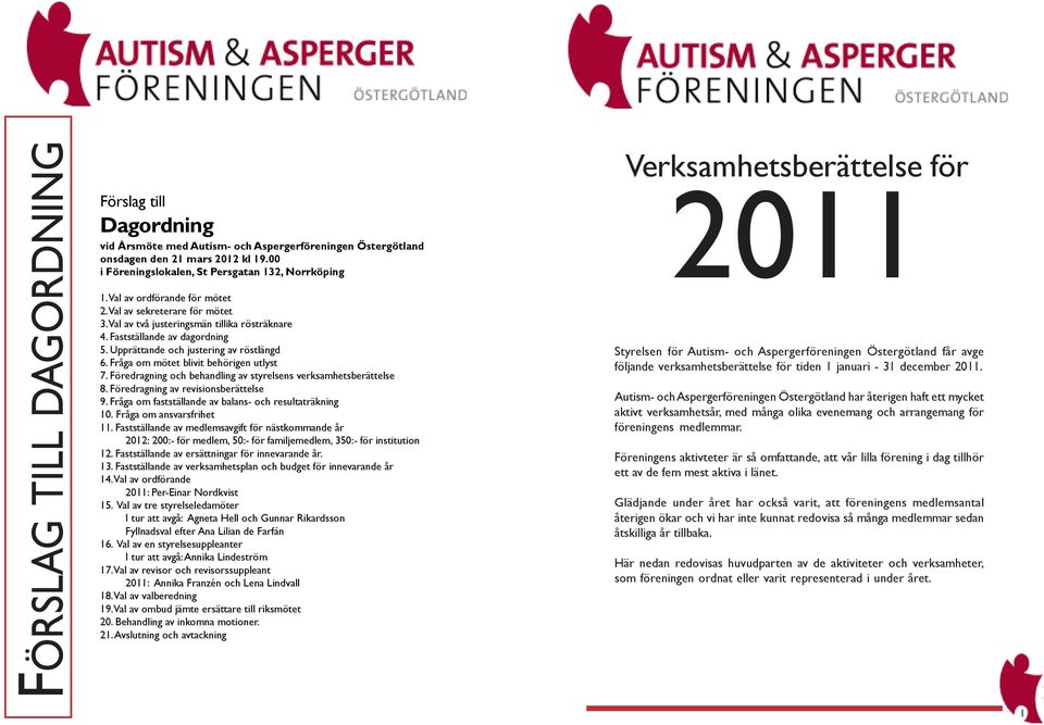 Fråga om mötet blivit behörigen utlyst 7. Föredragning och behandling av styrelsens verksamhetsberättelse 8. Föredragning av revisionsberättelse 9.