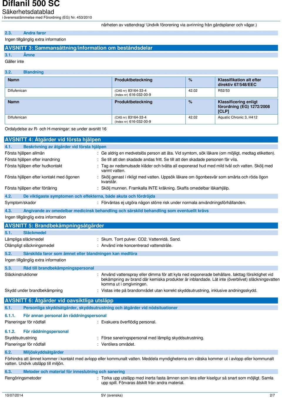 02 R52/53 Namn Produktbeteckning % Klassificering enligt förordning (EG) 1272/2008 [CLP] Diflufenican (CAS nr) 83164-33-4 (Index nr) 616-032-00-9 Ordalydelse av R- och H-meningar se under avsnitt 16