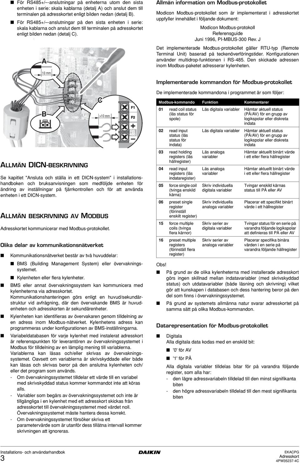 : A 10 mm Allmän information om Modbus-protokollet Modicon Modbus-protokollet som är implementerat i adresskortet uppfyller innehållet i följande dokument: Modicon Modbus-protokoll Referensguide Juni