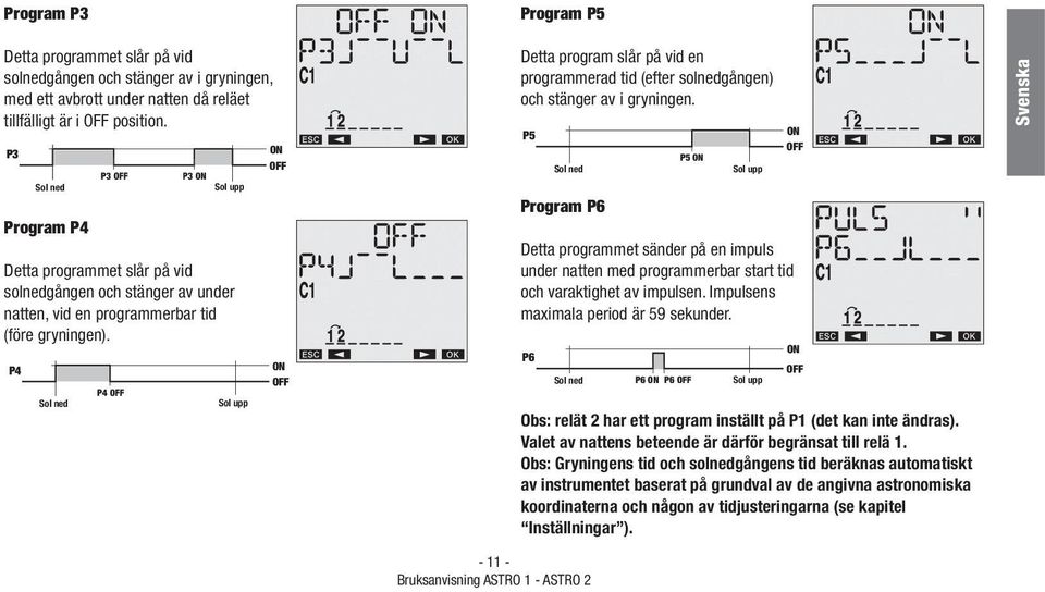 P4 Sol ned Sol ned P3 OFF P4 OFF P3 ON Sol upp Sol upp ON OFF ON OFF Detta program slår på vid en programmerad tid (efter solnedgången) och stänger av i gryningen.