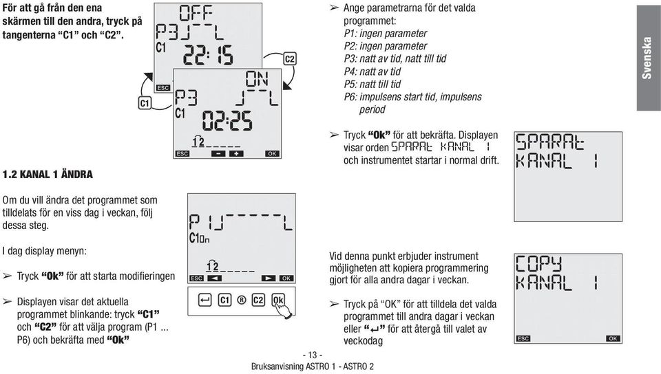 Tryck för att bekräfta. Displayen visar orden och instrumentet startar i normal drift. 1.2 KANAL 1 ÄNDA Om du vill ändra det programmet som tilldelats för en viss dag i veckan, följ dessa steg.