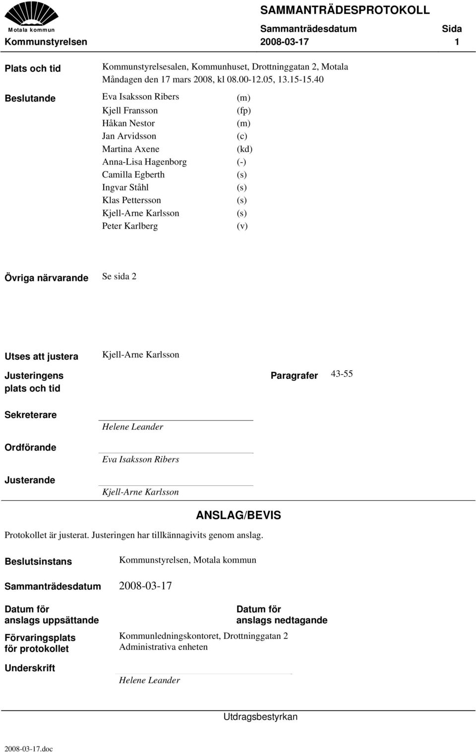 Kjell-Arne Karlsson (s) Peter Karlberg (v) Övriga närvarande Se sida 2 Utses att justera Justeringens plats och tid Kjell-Arne Karlsson Paragrafer 43-55 Sekreterare Ordförande Justerande Helene