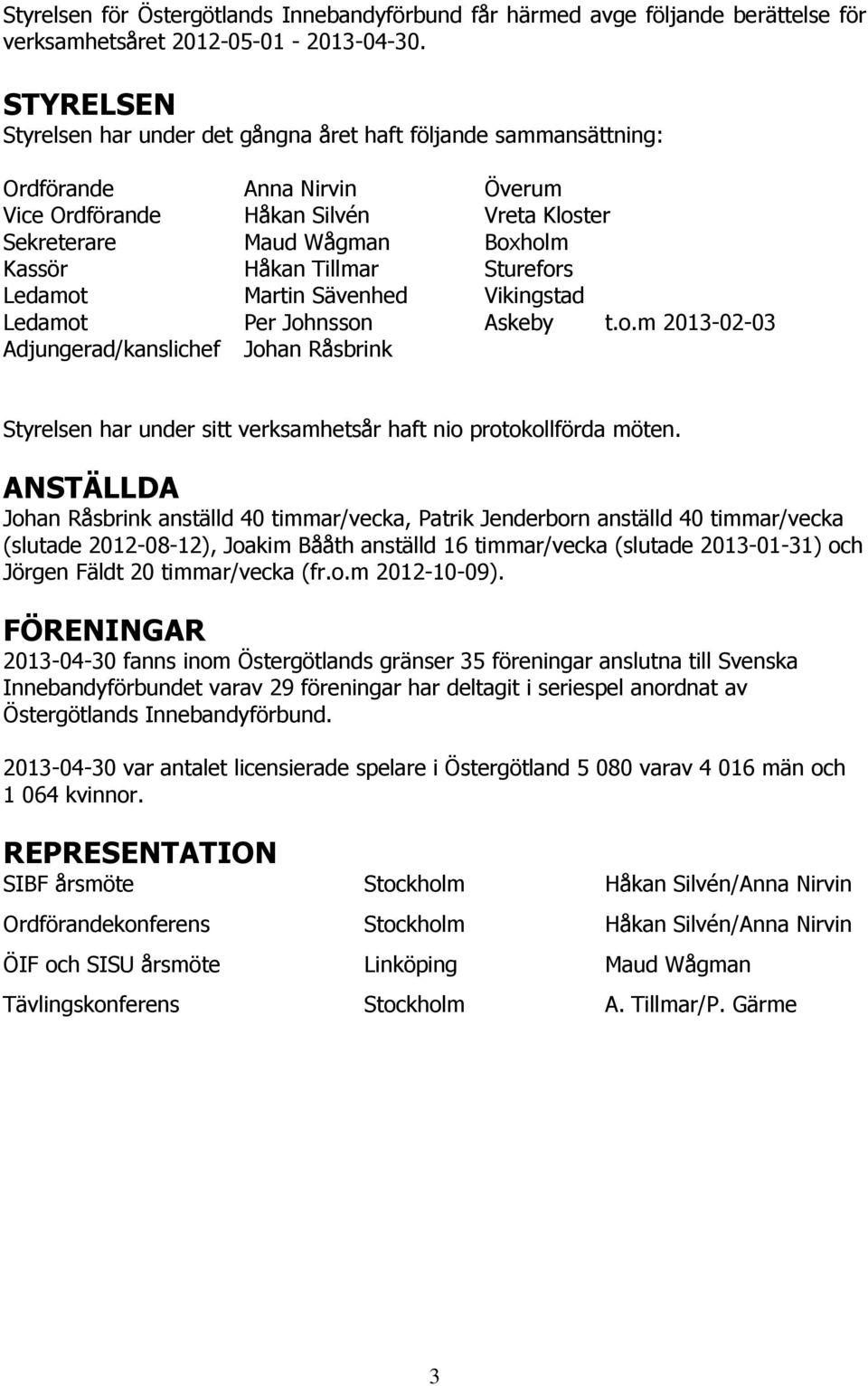 Tillmar Sturefors Ledamot Martin Sävenhed Vikingstad Ledamot Per Johnsson Askeby t.o.m 2013-02-03 Adjungerad/kanslichef Johan Råsbrink Styrelsen har under sitt verksamhetsår haft nio protokollförda möten.