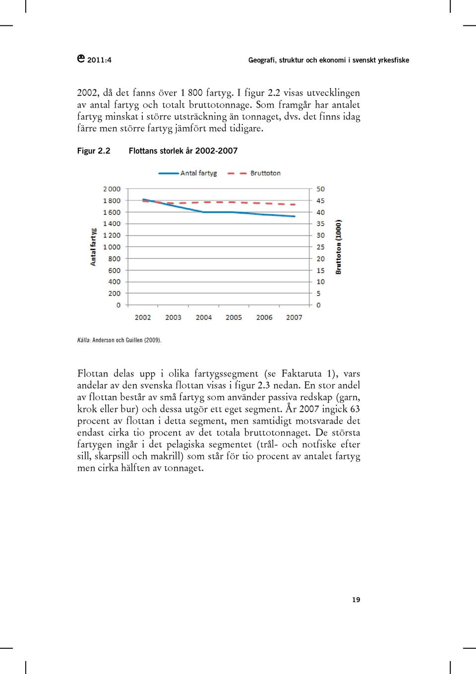 2 Flottans storlek år 2002-2007 Källa: Anderson och Guillen (2009). Flottan delas upp i olika fartygssegment (se Faktaruta 1), vars andelar av den svenska flottan visas i figur 2.3 nedan.