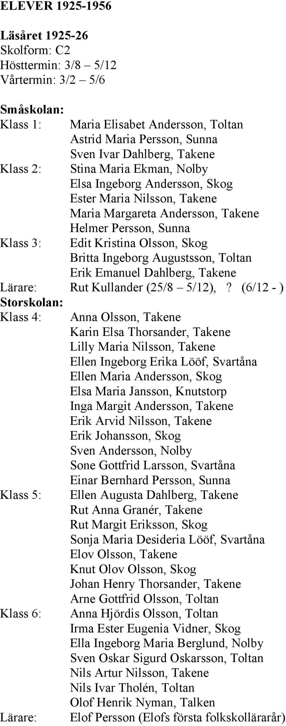 Augustsson, Toltan Erik Emanuel Dahlberg, Takene Lärare: Rut Kullander (25/8 5/12),?