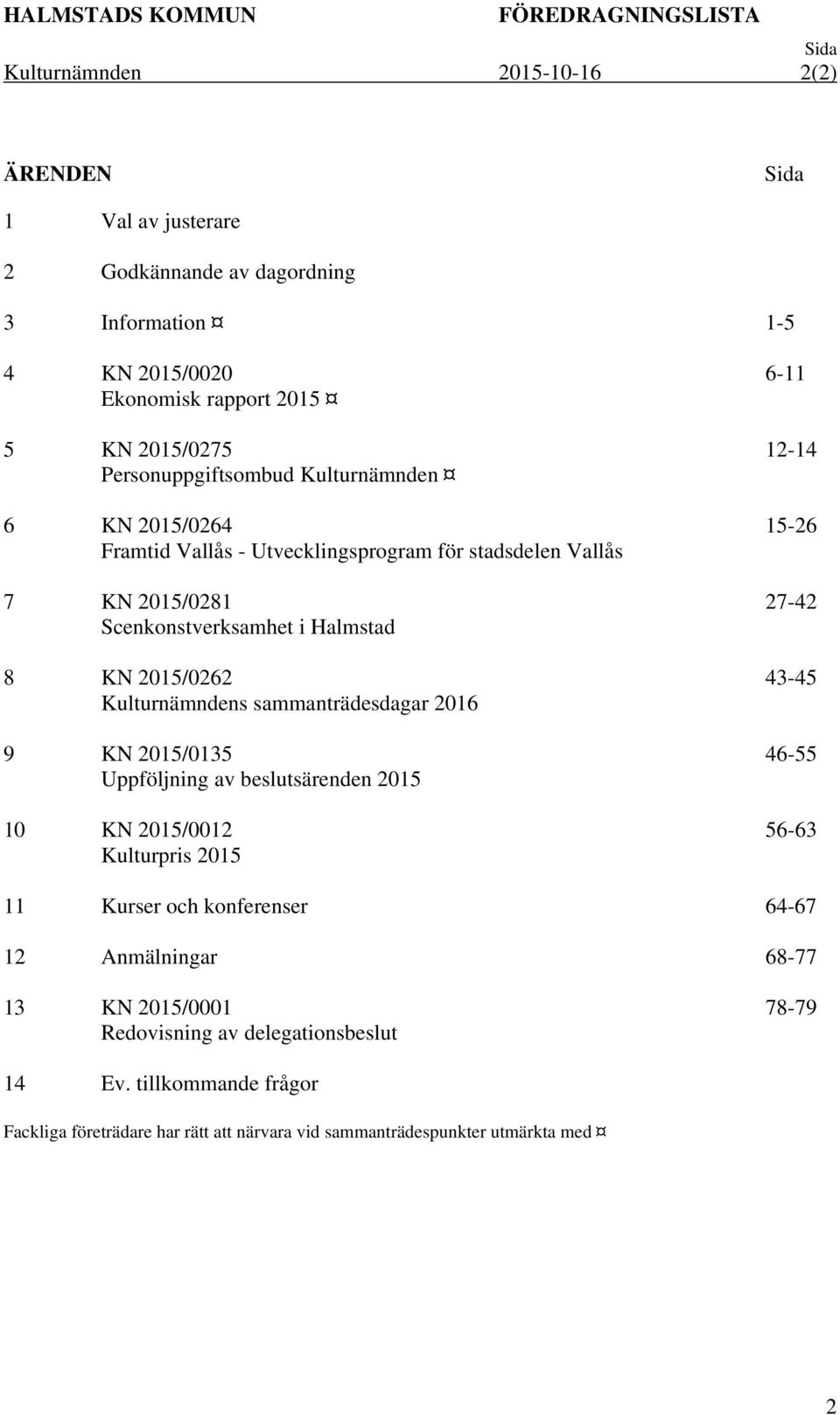 Kulturnämndens sammanträdesdagar 2016 9 KN 2015/0135 Uppföljning av beslutsärenden 2015 10 KN 2015/0012 Kulturpris 2015 6-11 12-14 15-26 27-42 43-45 46-55 56-63 11 Kurser och konferenser