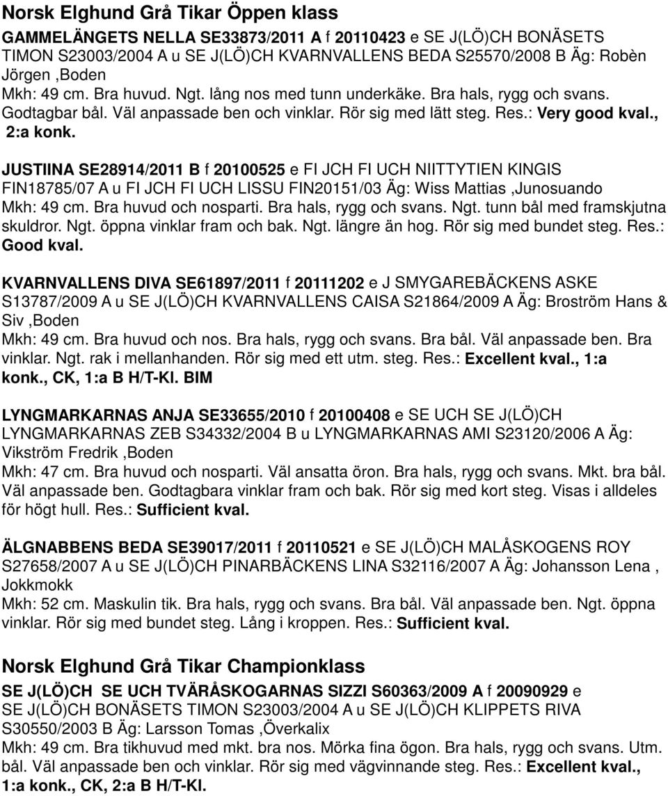 JUSTIINA SE28914/2011 B f 20100525 e FI JCH FI UCH NIITTYTIEN KINGIS FIN18785/07 A u FI JCH FI UCH LISSU FIN20151/03 Äg: Wiss Mattias,Junosuando Mkh: 49 cm. Bra huvud och nosparti.