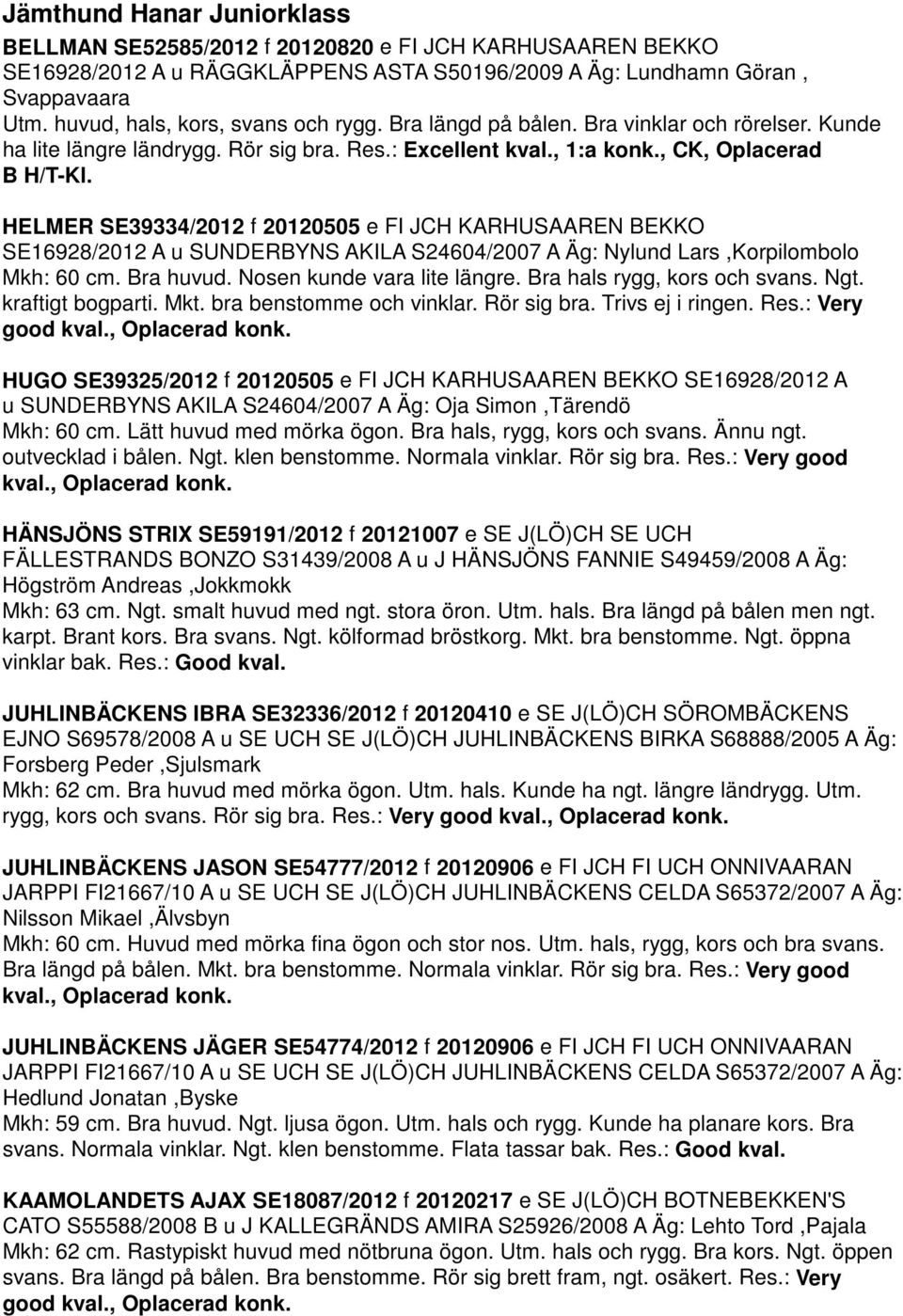 HELMER SE39334/2012 f 20120505 e FI JCH KARHUSAAREN BEKKO SE16928/2012 A u SUNDERBYNS AKILA S24604/2007 A Äg: Nylund Lars,Korpilombolo Mkh: 60 cm. Bra huvud. Nosen kunde vara lite längre.