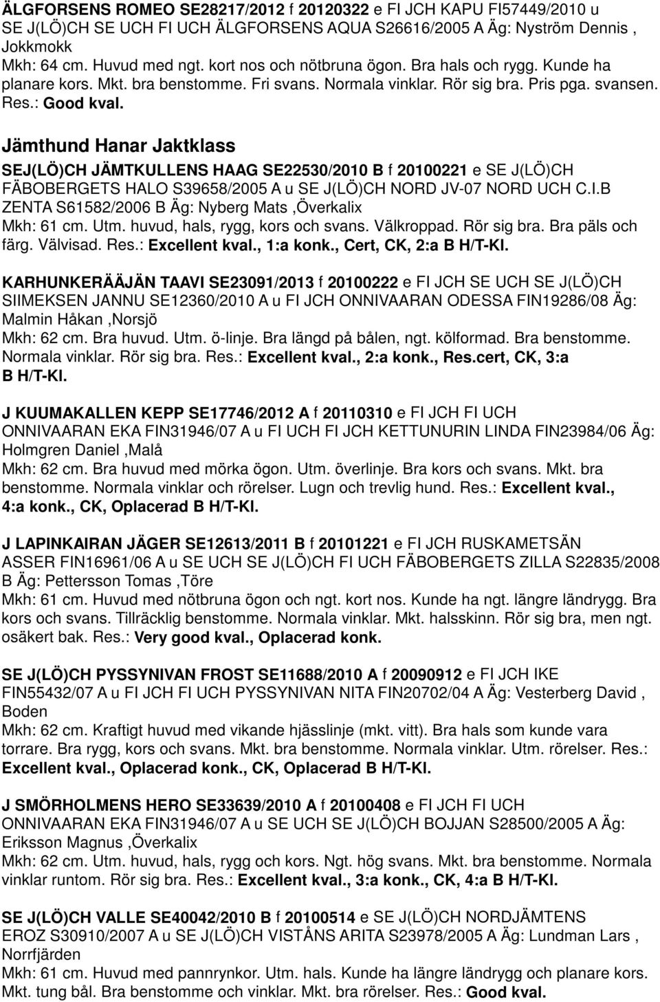 Jämthund Hanar Jaktklass SEJ(LÖ)CH JÄMTKULLENS HAAG SE22530/2010 B f 20100221 e SE J(LÖ)CH FÄBOBERGETS HALO S39658/2005 A u SE J(LÖ)CH NORD JV-07 NORD UCH C.I.