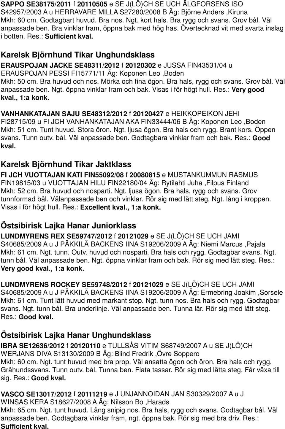 Karelsk Björnhund Tikar Unghundsklass ERAUSPOJAN JACKE SE48311/2012 f 20120302 e JUSSA FIN43531/04 u ERAUSPOJAN PESSI FI15771/11 Äg: Koponen Leo,Boden Mkh: 50 cm. Bra huvud och nos.