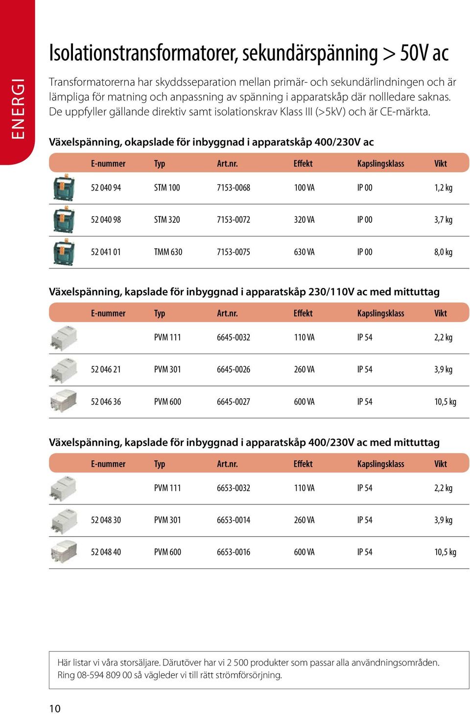 Växelspänning, okapslade för inbyggnad i apparatskåp 400/230V ac 52 040 94 STM 100 7153-0068 100 VA IP 00 1,2 kg 52 040 98 STM 320 7153-0072 320 VA IP 00 3,7 kg 52 041 01 TMM 630 7153-0075 630 VA IP