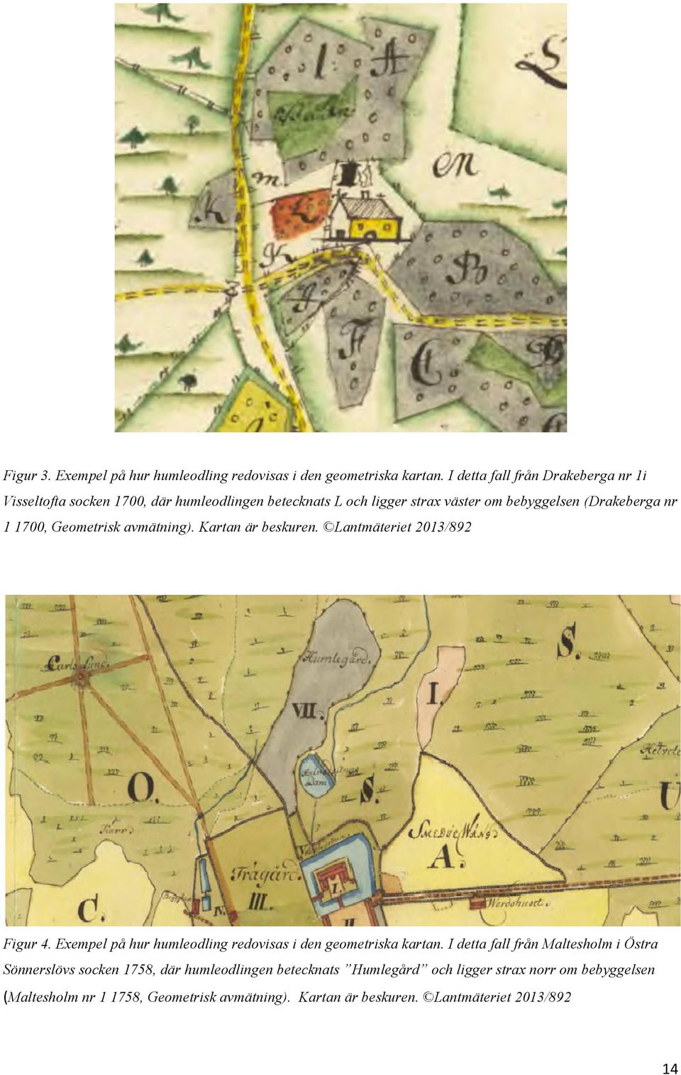 1700, Geometrisk avmätning). Kartan är beskuren. Lantmäteriet 2013/892 Figur 4. Exempel på hur humleodling redovisas i den geometriska kartan.