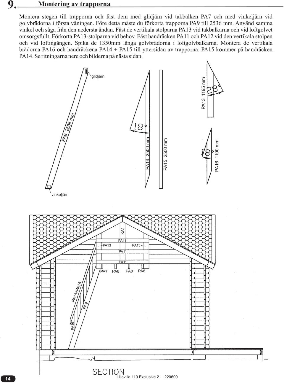 Förkorta PA13-stolparna vid behov. Fäst handräcken PA11 och PA12 vid den vertikala stolpen och vid loftingången. Spika de 1350mm långa golvbrädorna i loftgolvbalkarna.