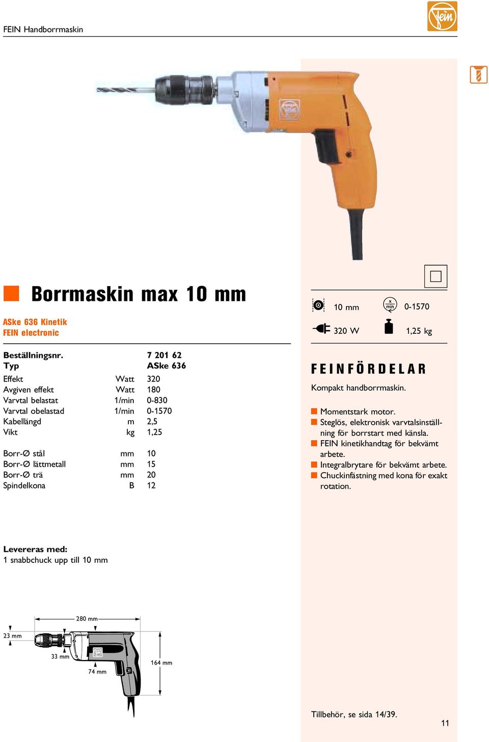 1/min 0-830 Varvtal obelastad 1/min 0-1570 Kabellängd m 2,5 Vikt kg 1,25 Borr-Ø stål mm 10 Borr-Ø lättmetall mm 15 Borr-Ø trä mm 20 Spindelkona B 12 FEINFÖRDELAR Kompakt