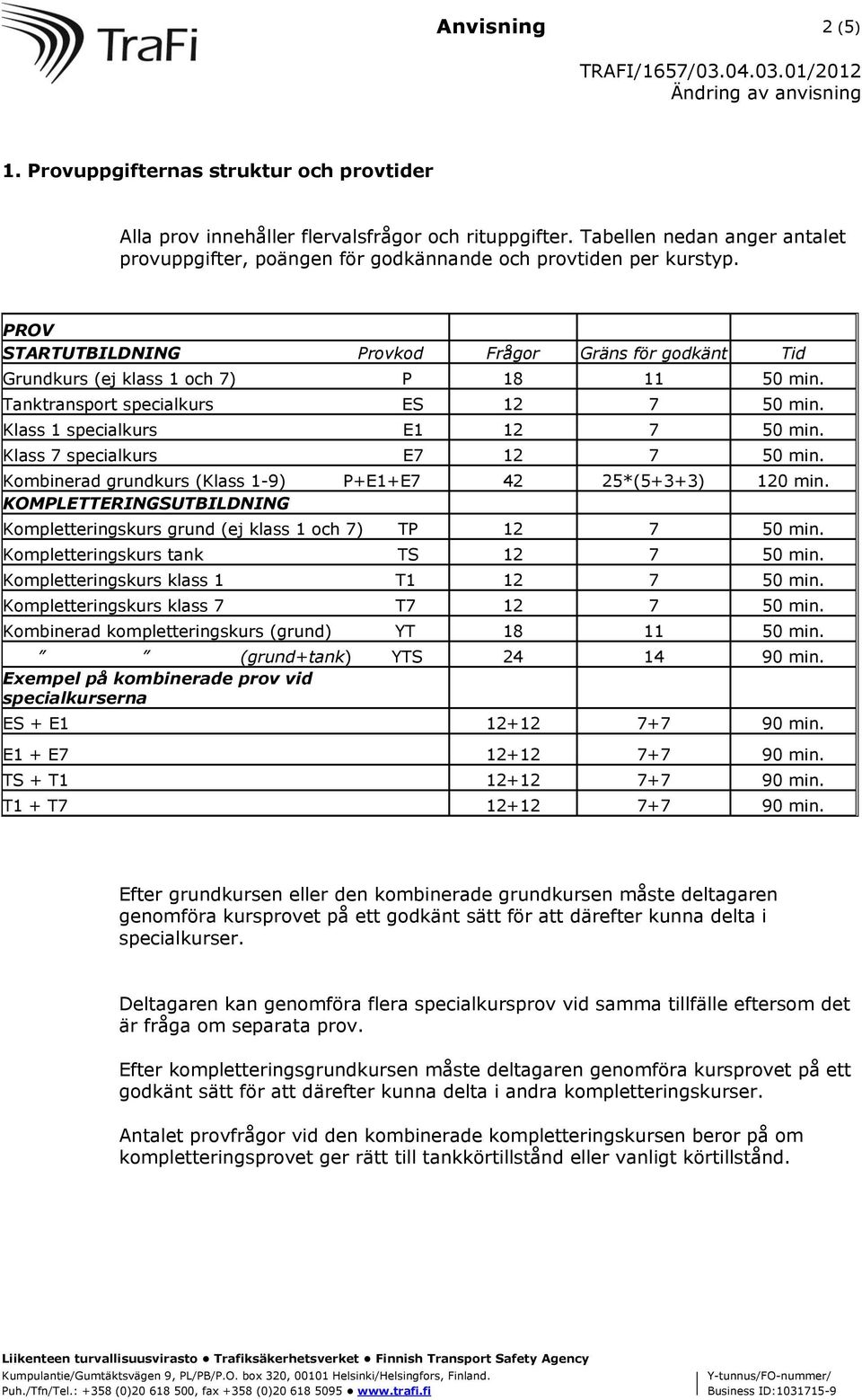 Tanktransport specialkurs ES 12 7 50 min. Klass 1 specialkurs E1 12 7 50 min. Klass 7 specialkurs E7 12 7 50 min. Kombinerad grundkurs (Klass 1-9) P+E1+E7 42 25*(5+3+3) 120 min.