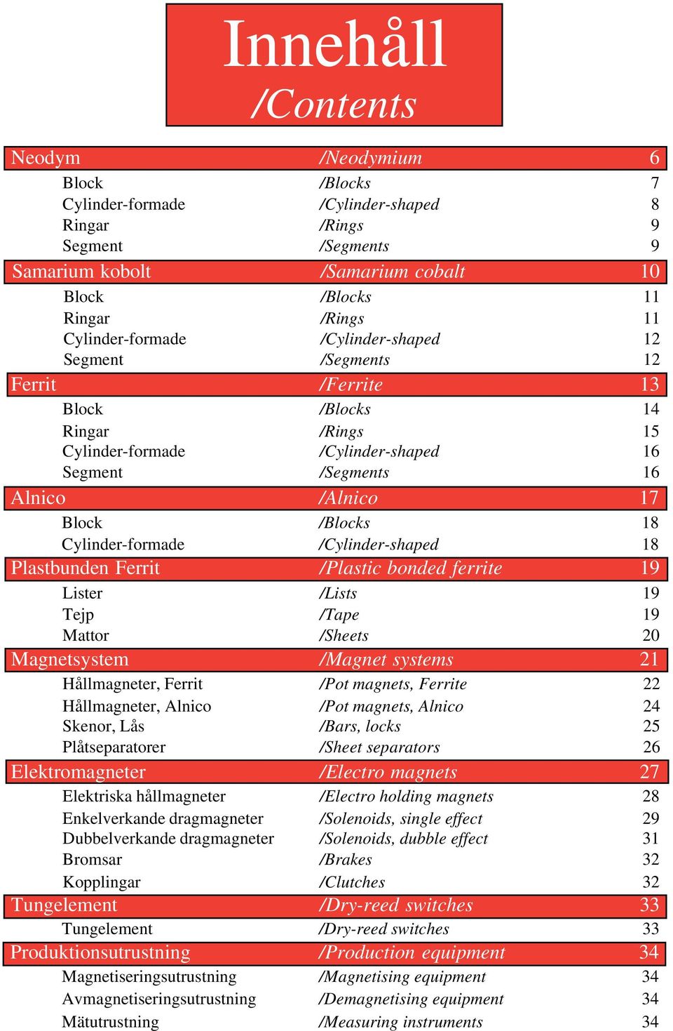 /Blocks 18 Cylinder-formade /Cylinder-shaped 18 Plastbunden Ferrit /Plastic bonded ferrite 19 ister /ists 19 Tejp /Tape 19 Mattor /Sheets 20 Magnetsystem /Magnet systems 21 Hållmagneter, Ferrit /Pot