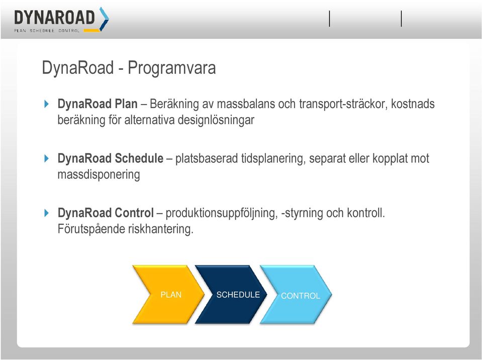 tidsplanering, separat eller kopplat mot massdisponering DynaRoad Control