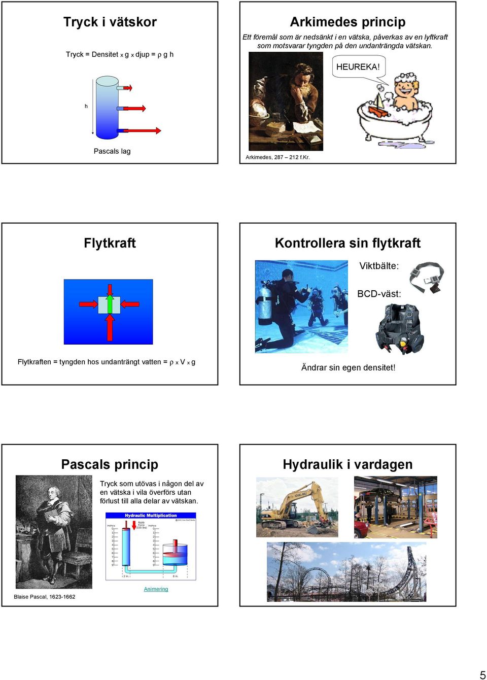 Flytkraft Kontrollera sin flytkraft Viktbälte: BCD-väst: Flytkraften = tyngden hos undanträngt vatten = ρ x V x g Ändrar sin egen