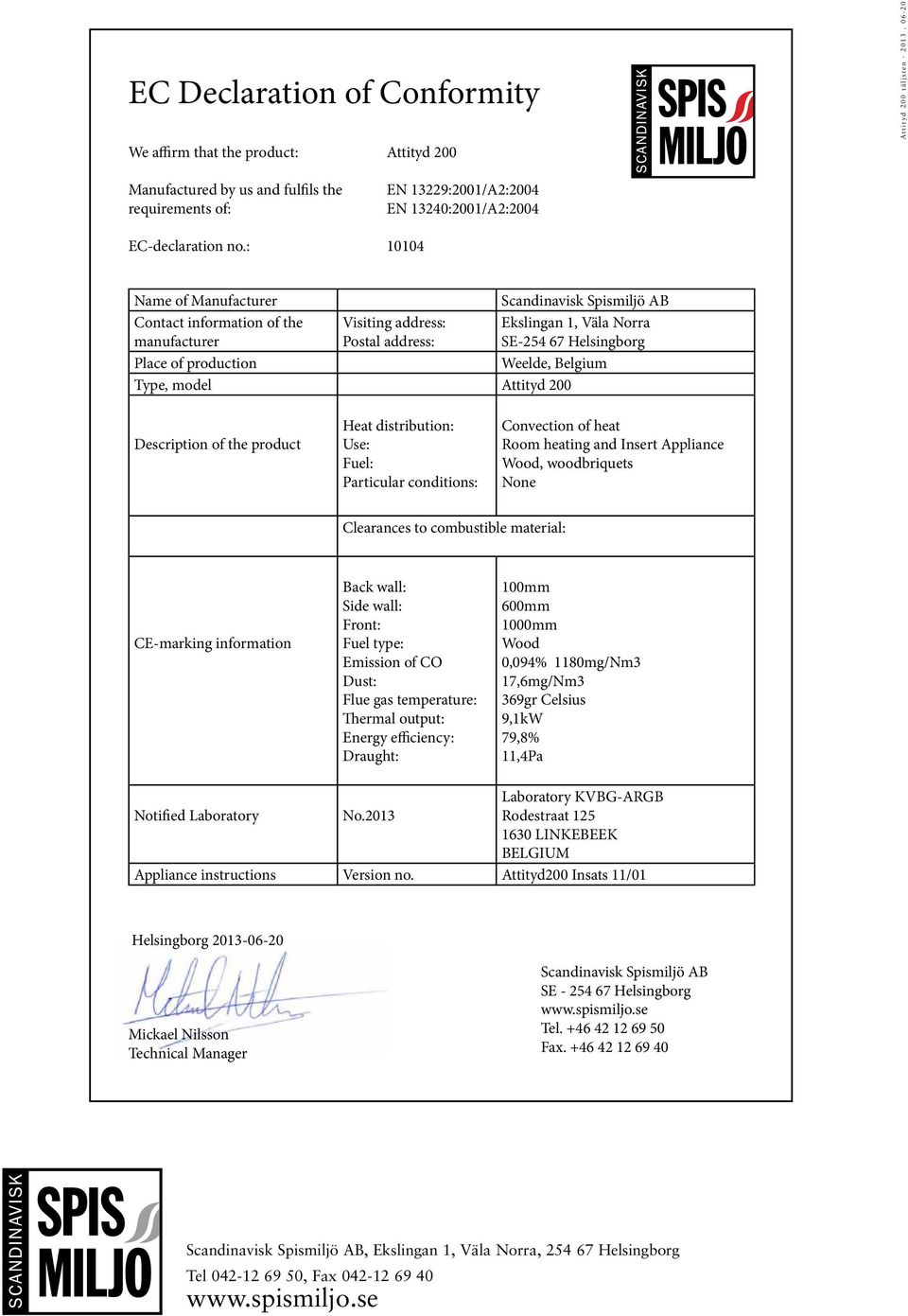 : 10104 ame of Manufacturer Scandinavisk Spismiljö AB Contact information of the manufacturer Visiting address: Postal address: Ekslingan 1, Väla orra SE-254 6 Helsingborg Place of production Weelde,