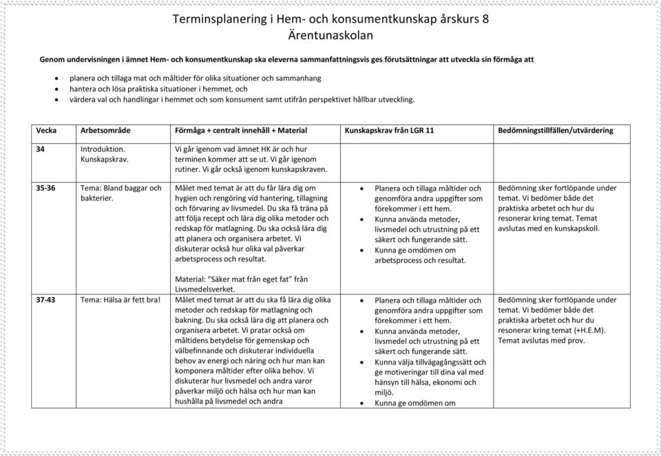 Vecka Arbetsområde Förmåga + centralt innehåll + Material Kunskapskrav från LGR 11 Bedömningstillfällen/utvärdering 34 Introduktion. Kunskapskrav. Vi går igenom vad ämnet HK är och hur terminen kommer att se ut.