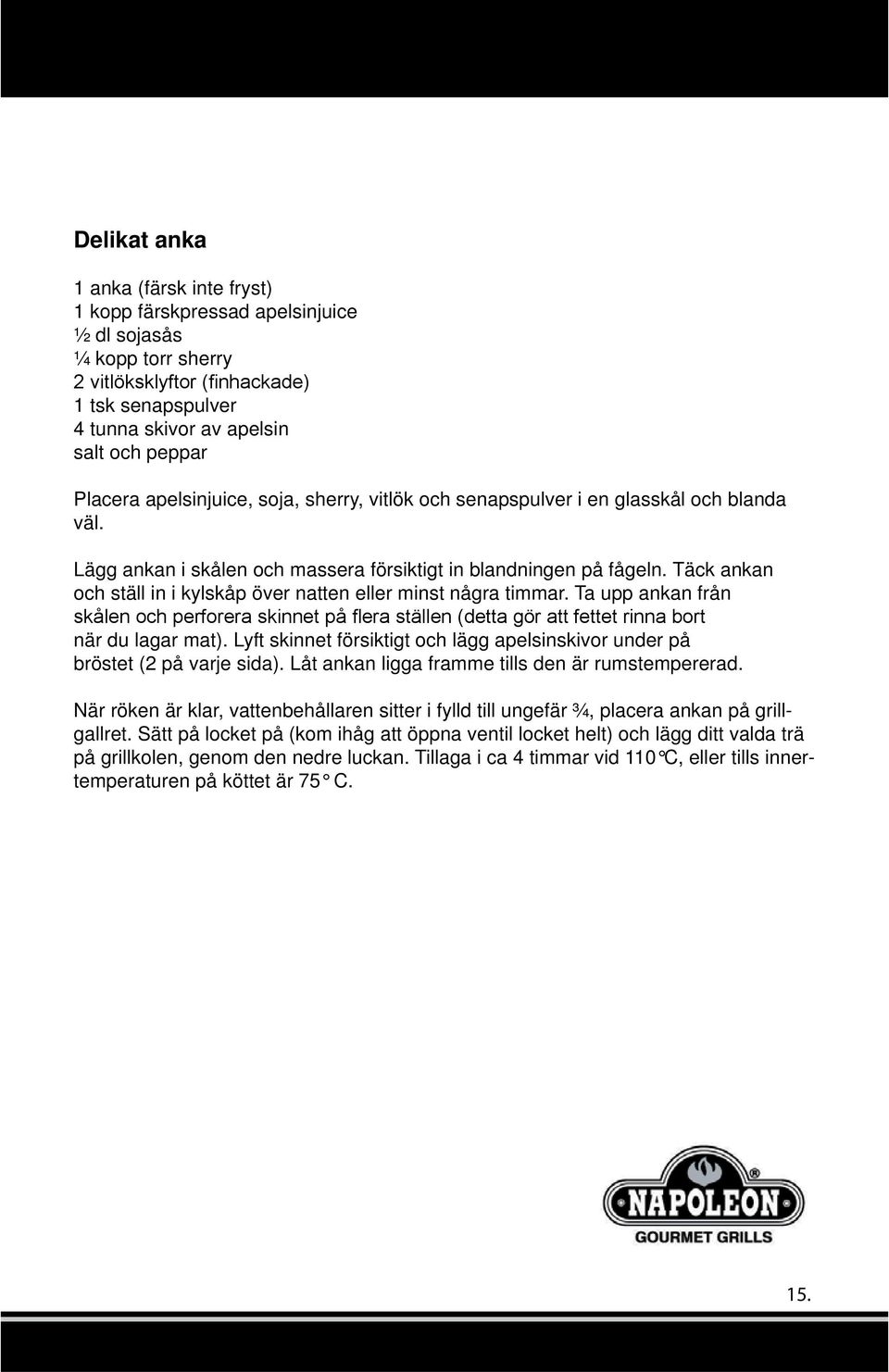 Täck ankan och ställ in i kylskåp över natten eller minst några timmar. Ta upp ankan från när du lagar mat). Lyft skinnet försiktigt och lägg apelsinskivor under på bröstet (2 på varje sida).