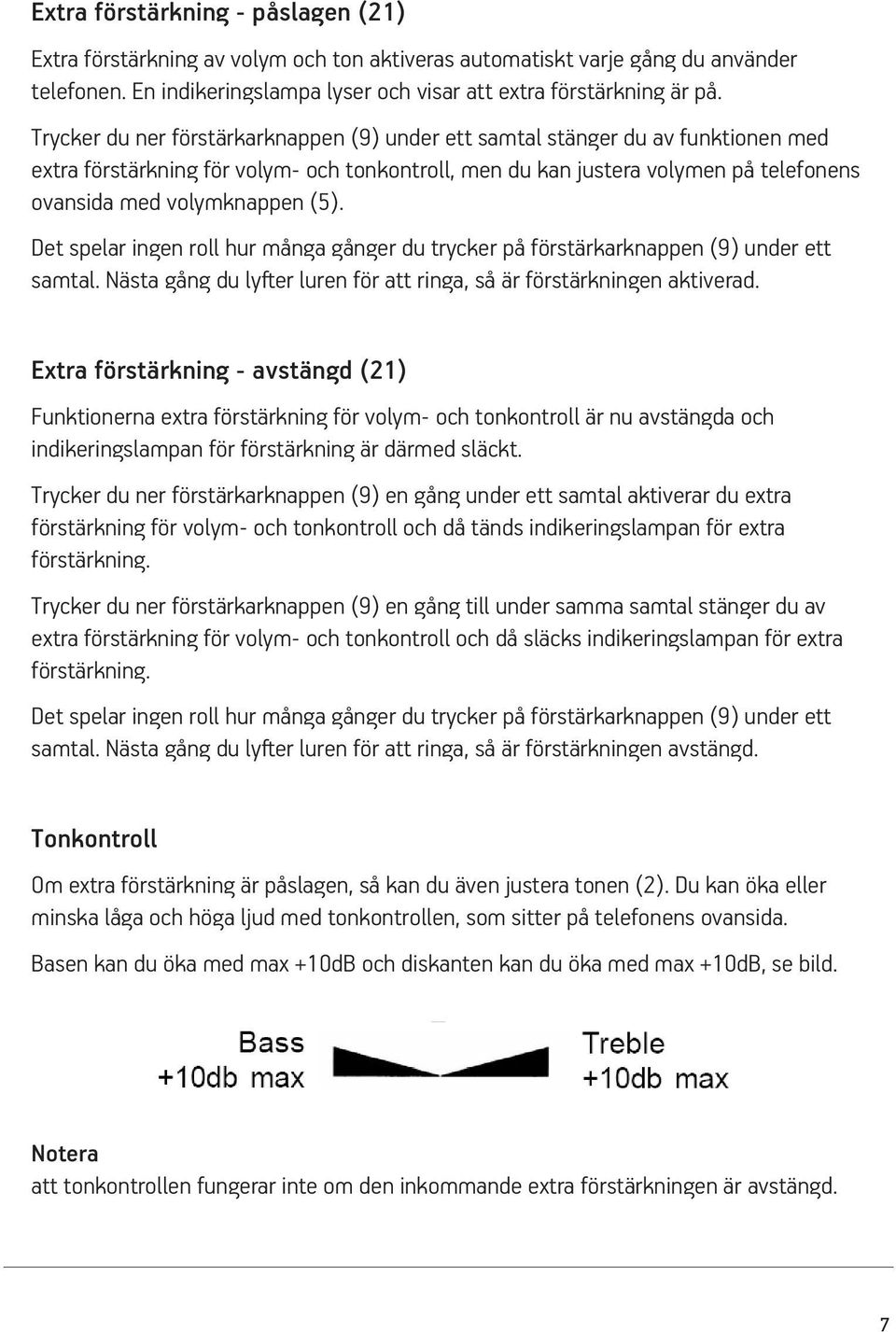 Trycker du ner förstärkarknappen (9) under ett samtal stänger du av funktionen med extra förstärkning för volym- och tonkontroll, men du kan justera volymen på telefonens ovansida AMPLIFY med