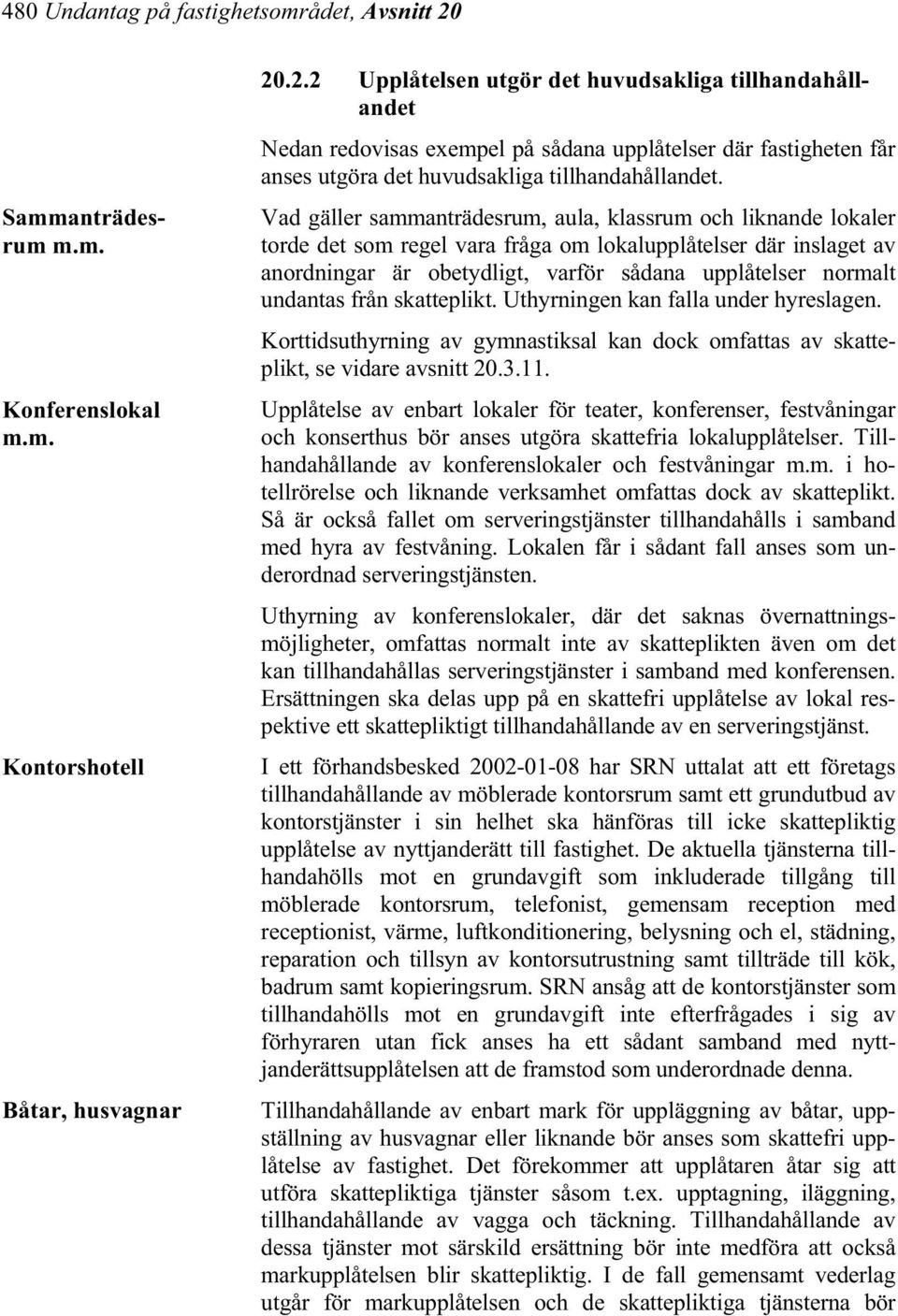 m. Kontorshotell Båtar, husvagnar Vad gäller sammanträdesrum, aula, klassrum och liknande lokaler torde det som regel vara fråga om lokalupplåtelser där inslaget av anordningar är obetydligt, varför