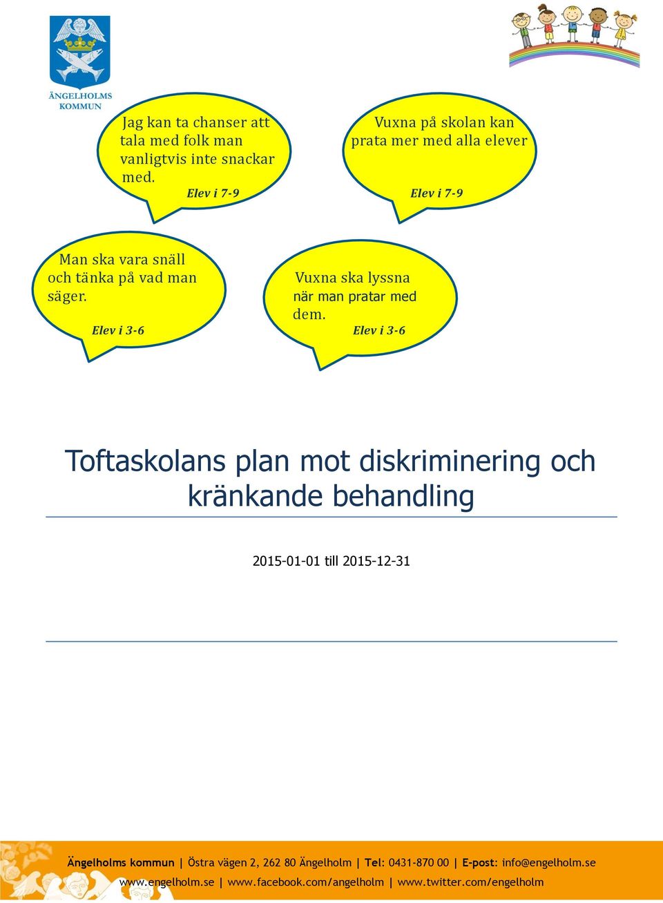 Elev i 3-6 Elev i 3-6 Toftaskolans plan mot diskriminering och kränkande behandling 2015-01-01 till 2015-12-31 Ängelholms