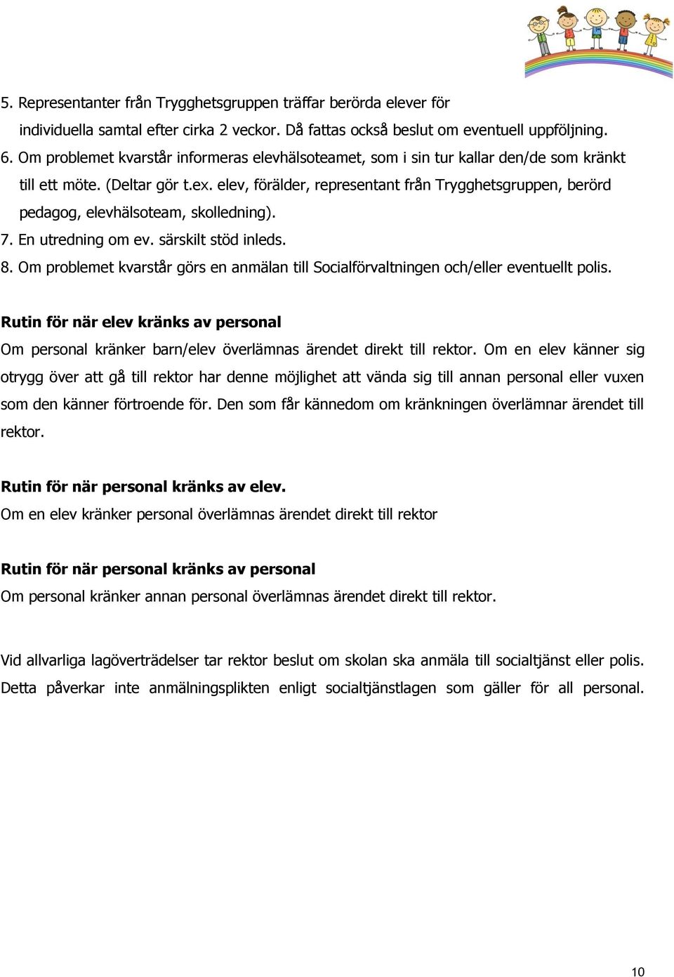 elev, förälder, representant från Trygghetsgruppen, berörd pedagog, elevhälsoteam, skolledning). 7. En utredning om ev. särskilt stöd inleds. 8.