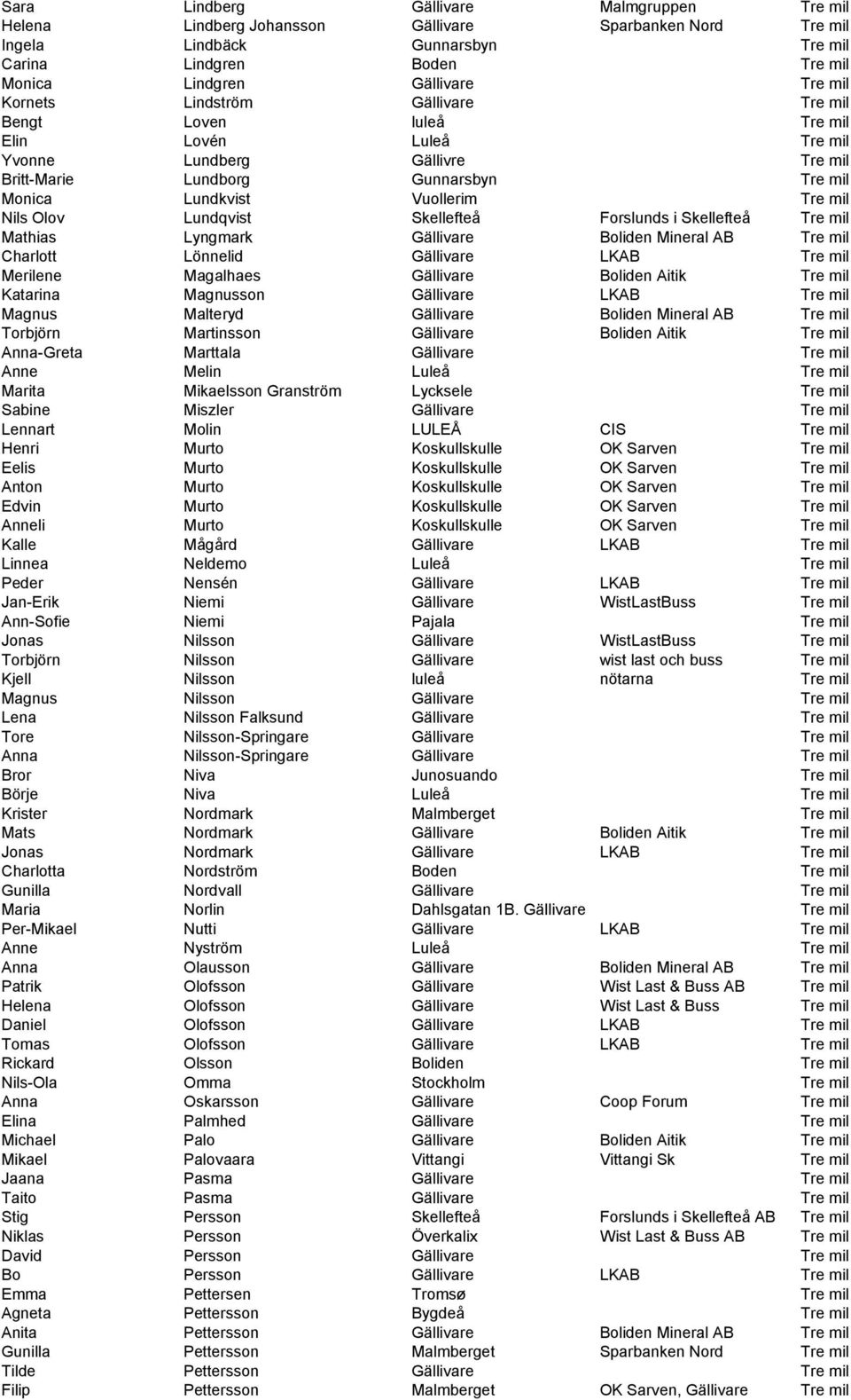 Nils Olov Lundqvist Skellefteå Forslunds i Skellefteå Tre mil Mathias Lyngmark Gällivare Boliden Mineral AB Tre mil Charlott Lönnelid Gällivare LKAB Tre mil Merilene Magalhaes Gällivare Boliden Aitik