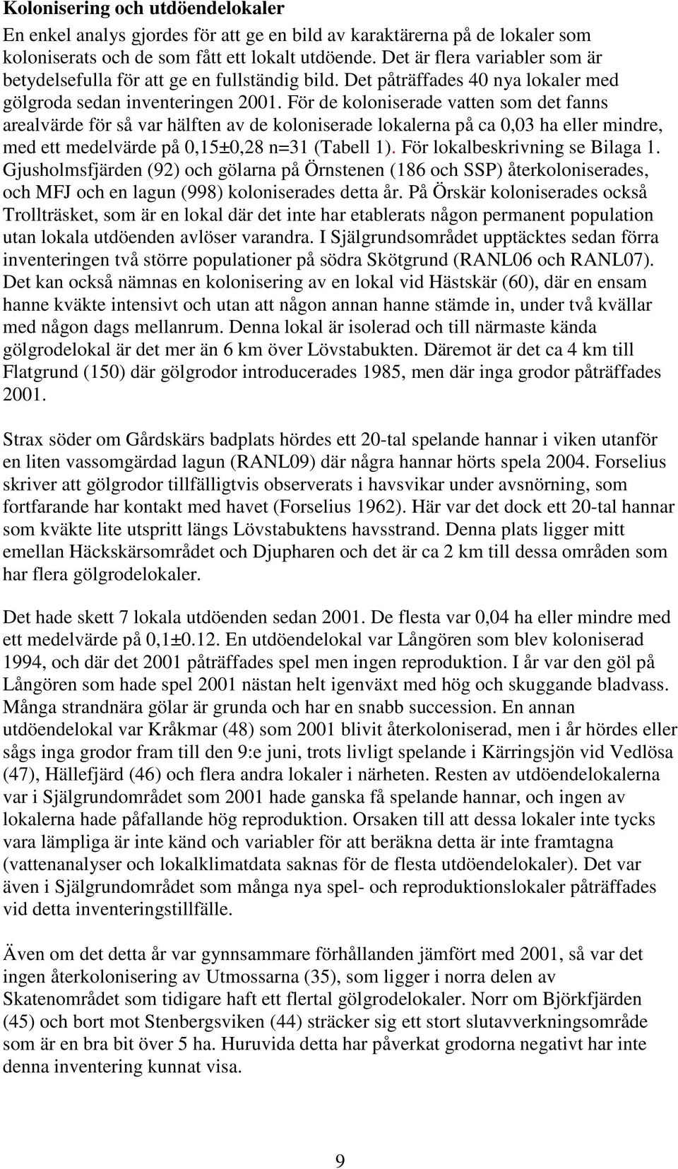 För de koloniserade vatten som det fanns arealvärde för så var hälften av de koloniserade lokalerna på ca 0,03 ha eller mindre, med ett medelvärde på 0,15±0,28 n=31 (Tabell 1).