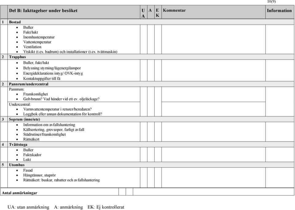 tvättmaskin) 2 Trapphus Buller, fukt/lukt Belysning styrning/lågenergilampor Energideklarations intyg/ OV-intyg ontaktuppgifter till fä 2 Pannrum/undercentral Pannrum: Framkomlighet Golvbrunn?