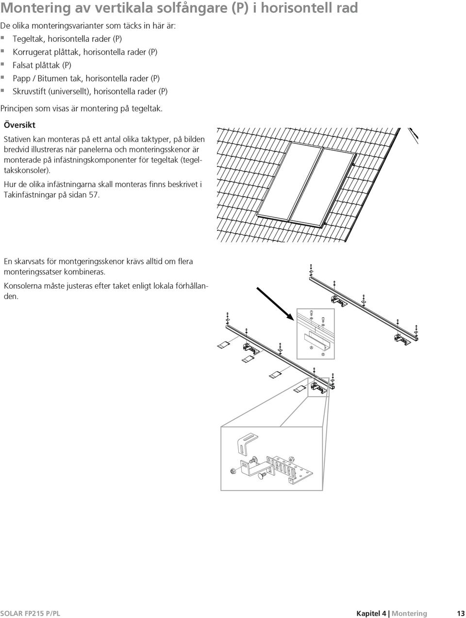 Översikt Stativen kan monteras på ett antal olika taktyper, på bilden bredvid illustreras när panelerna och monteringsskenor är monterade på infästningskomponenter för tegeltak