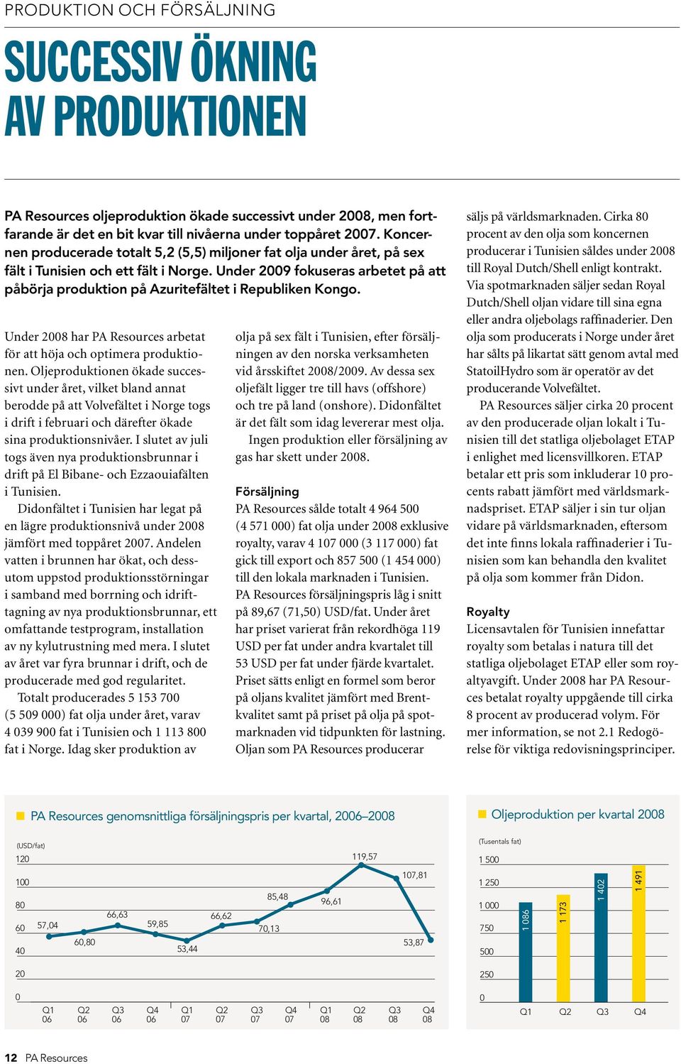 Under 2009 fokuseras arbetet på att påbörja produktion på Azuritefältet i Republiken Kongo. Under 2008 har PA Resources arbetat för att höja och optimera produktionen.