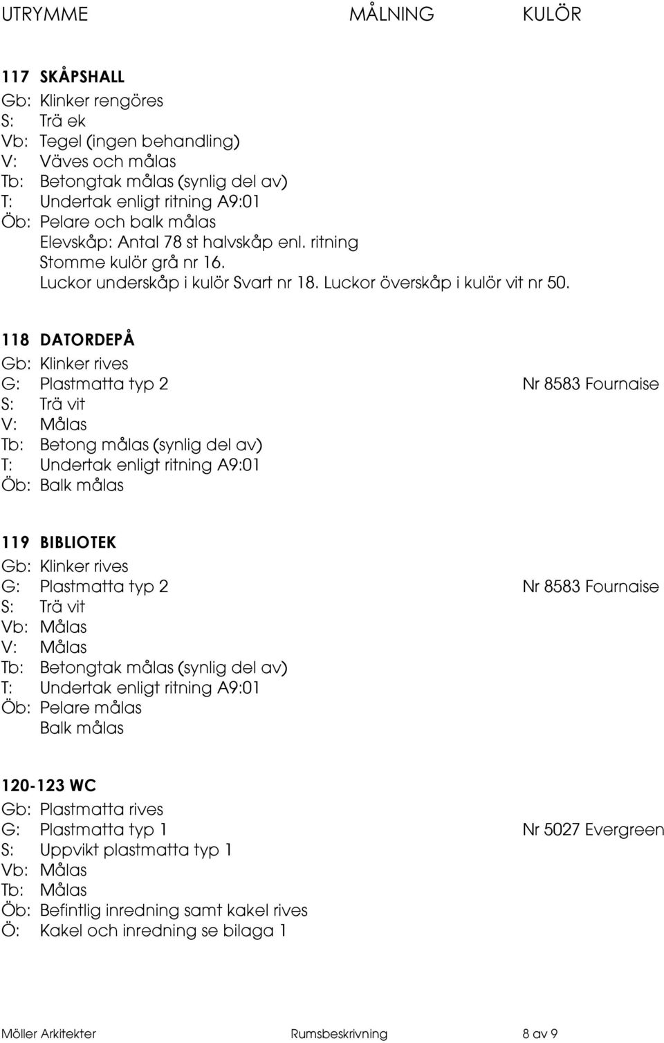 118 DATORDEPÅ Gb: Klinker rives V: Målas Tb: Betong målas (synlig del av) Öb: Balk målas 119 BIBLIOTEK Gb: Klinker rives Vb: Målas V: Målas Tb: Betongtak målas (synlig