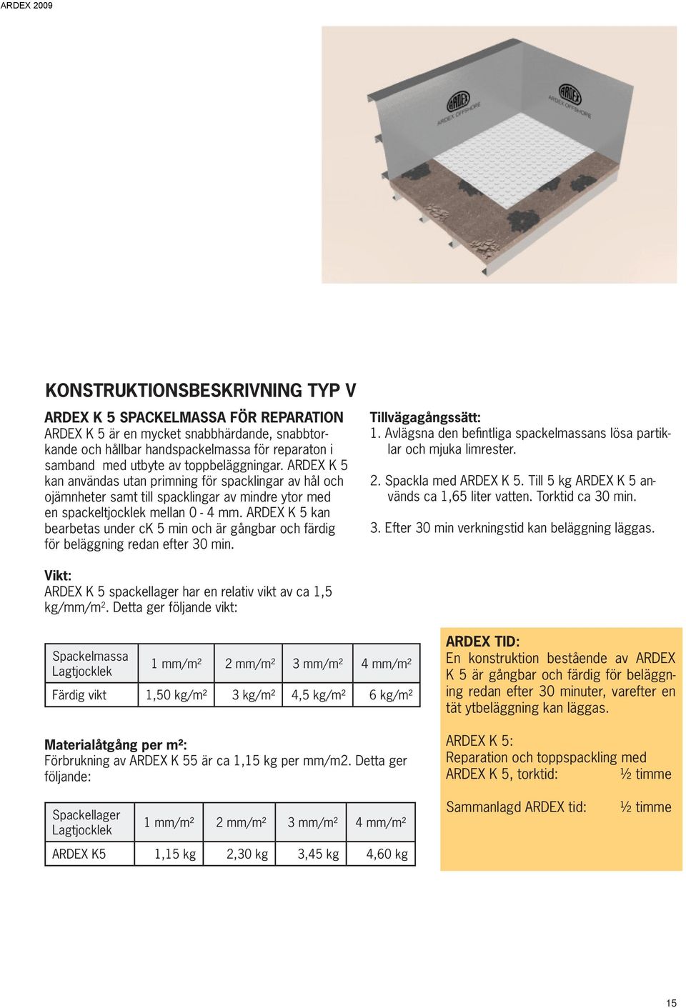 ARDEX K 5 kan bearbetas under ck 5 min och är gångbar och färdig för beläggning redan efter 30 min. Tillvägagångssätt: 1. Avlägsna den befintliga spackelmassans lösa partiklar och mjuka limrester. 2.
