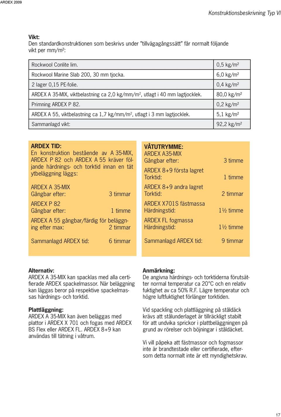 ARDEX A 55, viktbelastning ca 1,7 kg/mm/m 2, utlagt i 3 mm lagtjocklek.