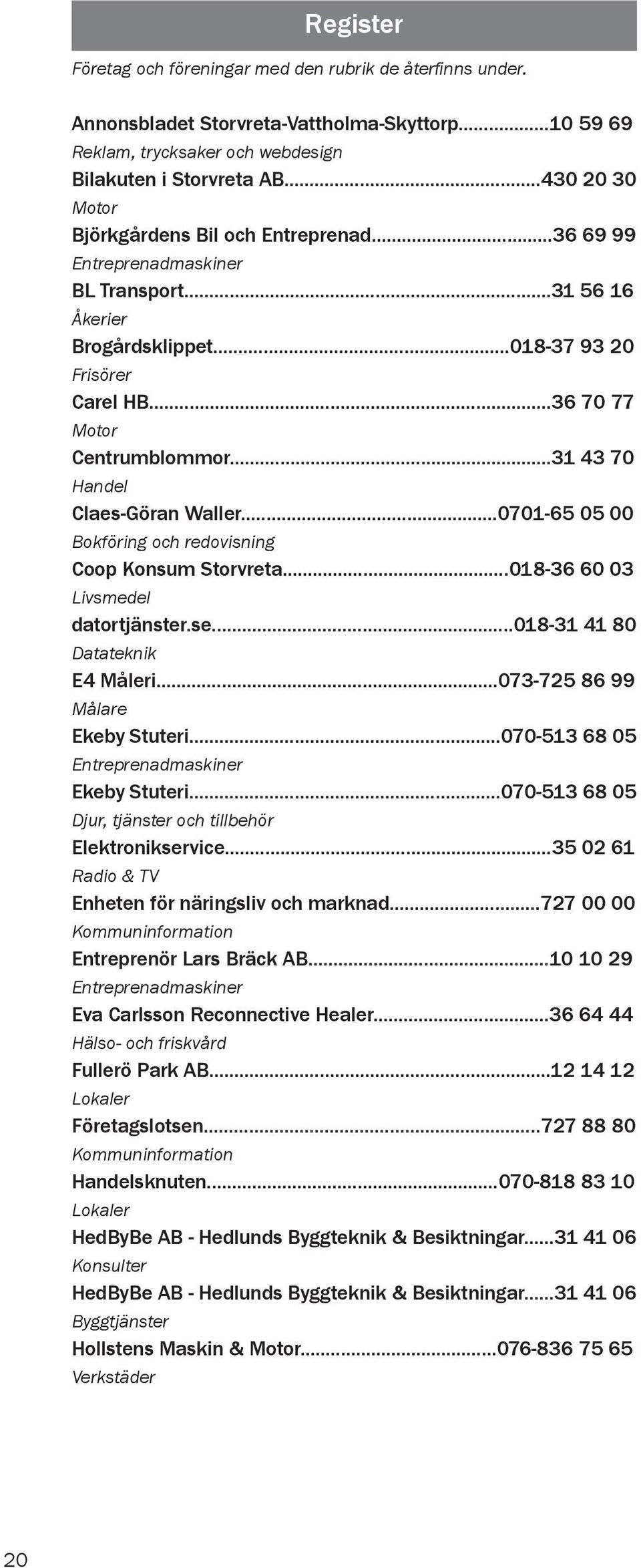 ..31 43 70 Handel Claes-Göran Waller...0701-65 05 00 Bokföring och redovisning Coop Konsum Storvreta...018-36 60 03 Livsmedel datortjänster.se...018-31 41 80 Datateknik E4 Måleri.