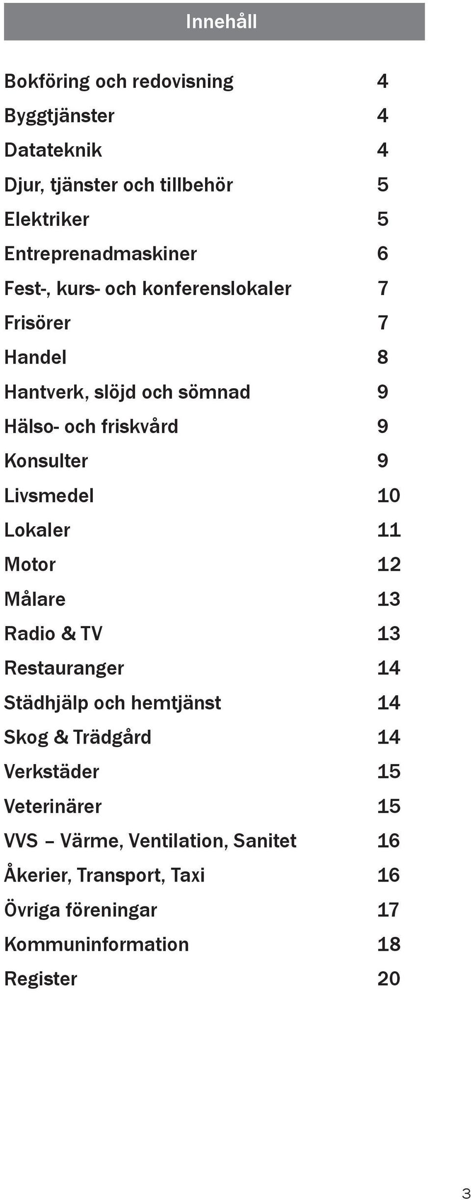 Livsmedel 10 Lokaler 11 Motor 12 Målare 13 Radio & TV 13 Restauranger 14 Städhjälp och hemtjänst 14 Skog & Trädgård 14 Verkstäder