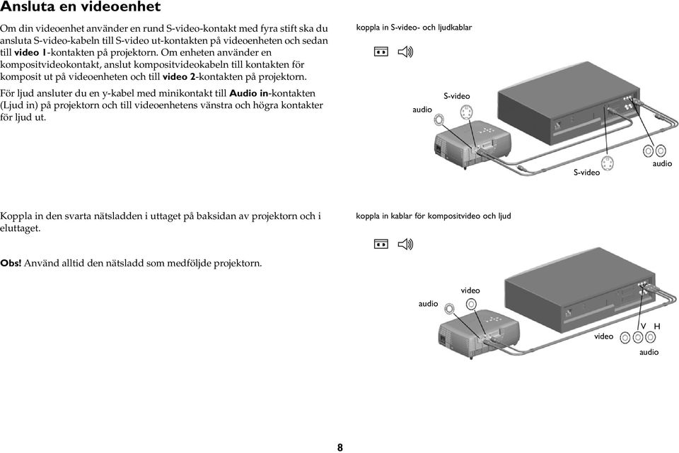 För ljud ansluter du en y-kabel med minikontakt till Audio in-kontakten (Ljud in) på projektorn och till videoenhetens vänstra och högra kontakter för ljud ut.