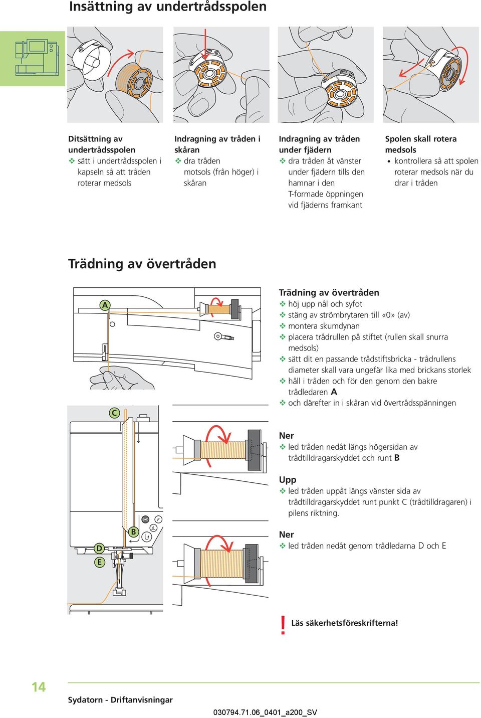 medsols när du drar i tråden Trädning av övertråden A C Trädning av övertråden höj upp nål och syfot stäng av strömbrytaren till «0» (av) montera skumdynan placera trådrullen på stiftet (rullen skall