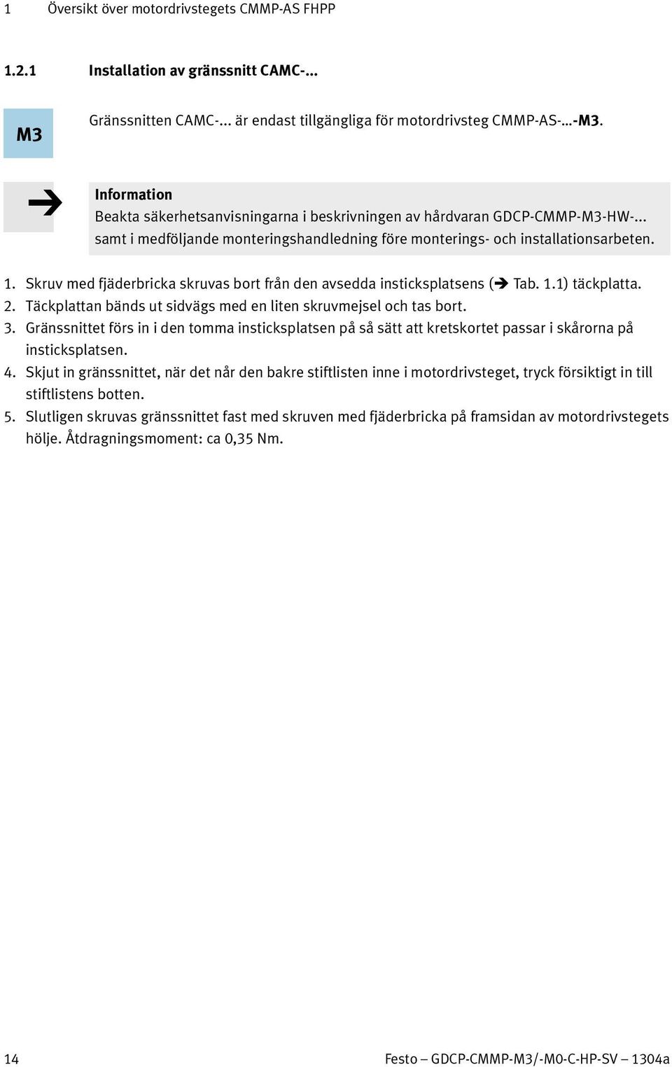 Skruv med fjäderbricka skruvas bort från den avsedda insticksplatsens ( Tab. 1.1) täckplatta. 2. Täckplattan bänds ut sidvägs med en liten skruvmejsel och tas bort. 3.