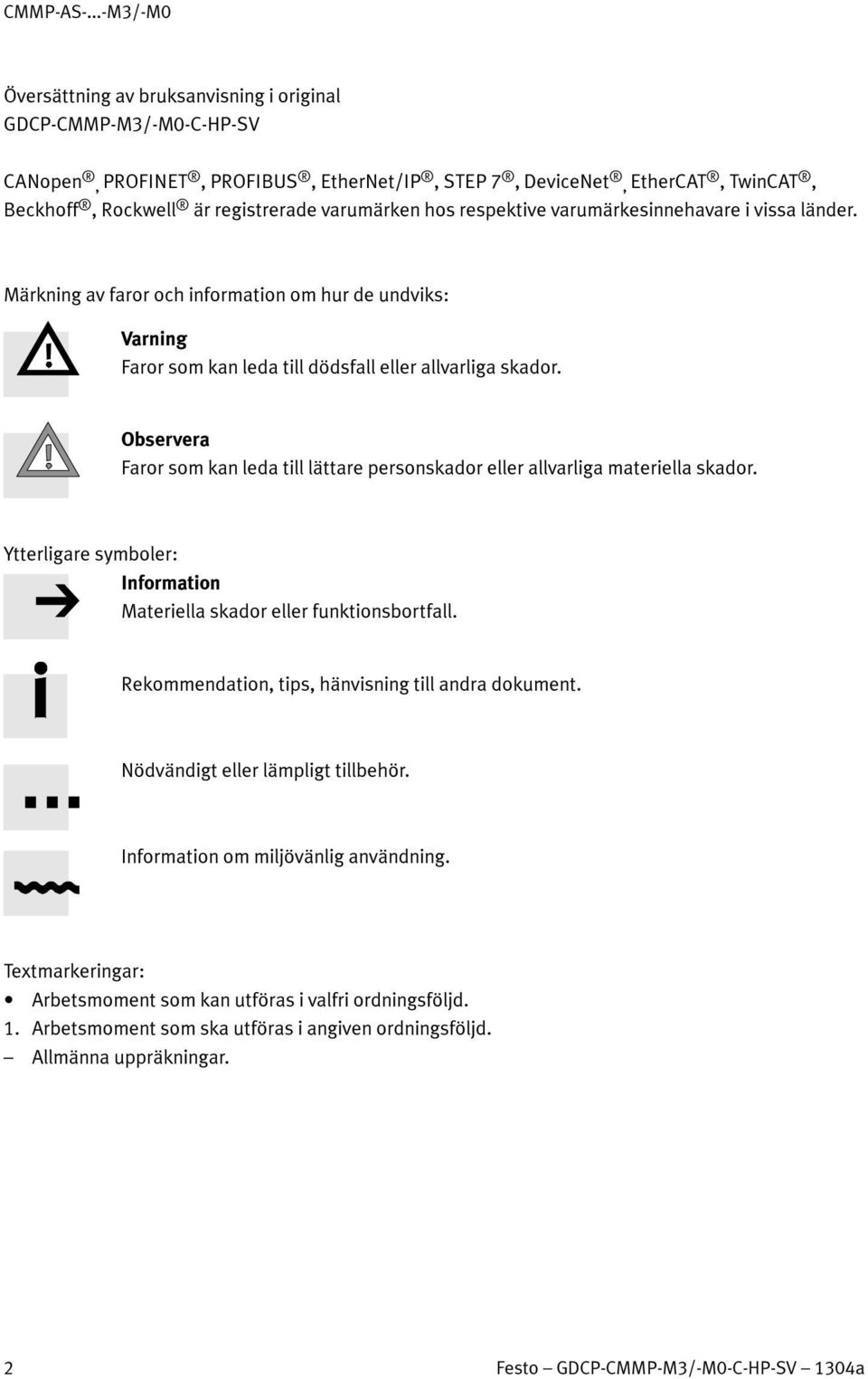 hos respektive varumärkesinnehavare i vissa länder. Märkning av faror och information om hur de undviks: Varning Faror som kan leda till dödsfall eller allvarliga skador.