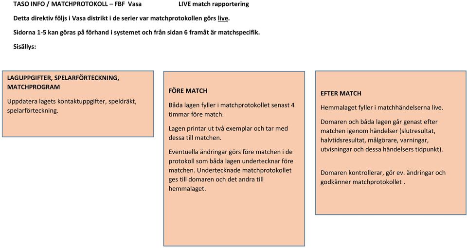 Sisällys: LAGUPPGIFTER, SPELARFÖRTECKNING, MATCHPROGRAM Uppdatera lagets kontaktuppgifter, speldräkt, spelarförteckning. FÖRE MATCH Båda lagen fyller i matchprotokollet senast 4 timmar före match.