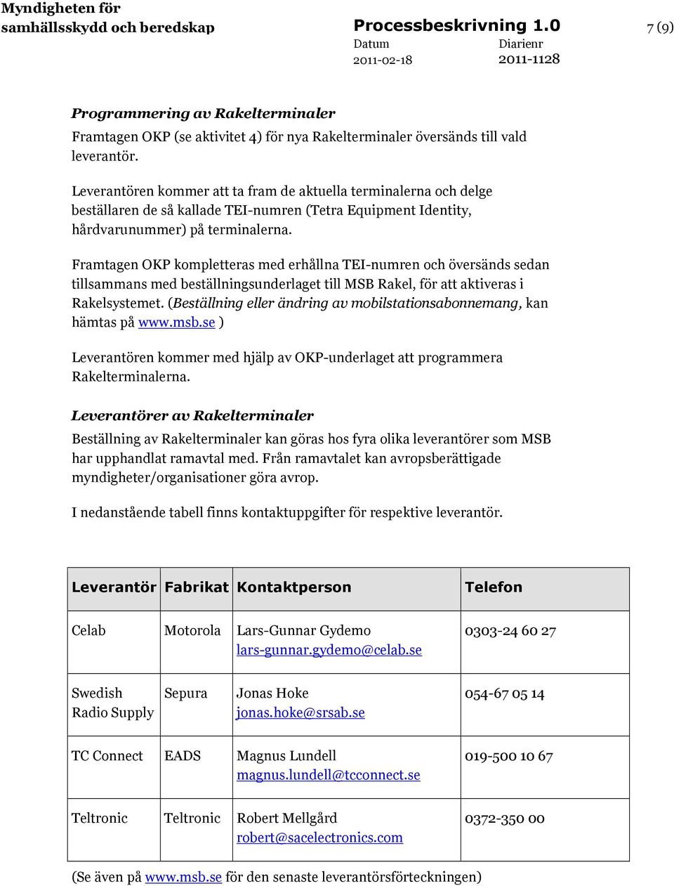 Framtagen OKP kompletteras med erhållna TEI-numren och översänds sedan tillsammans med beställningsunderlaget till MSB Rakel, för att aktiveras i Rakelsystemet.