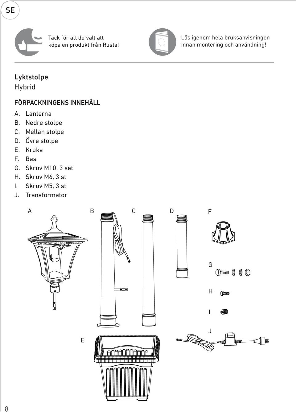 Lyktstolpe Hybrid FÖRPACKNINGENS INNEHÅLL A. Lanterna B. Nedre stolpe C.