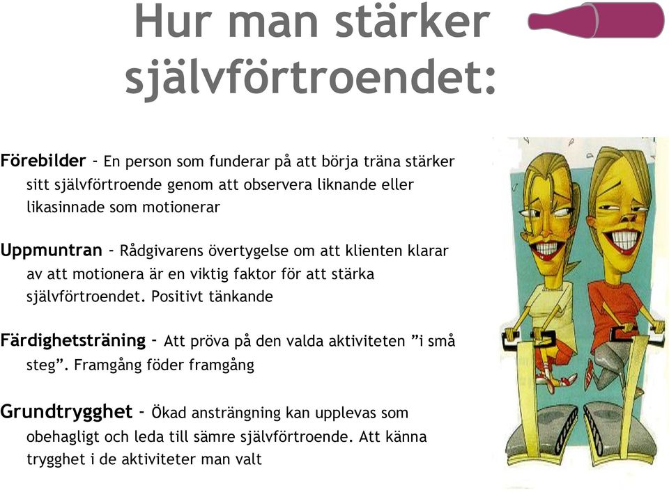 för att stärka självförtroendet. Positivt tänkande Färdighetsträning - Att pröva på den valda aktiviteten i små steg.