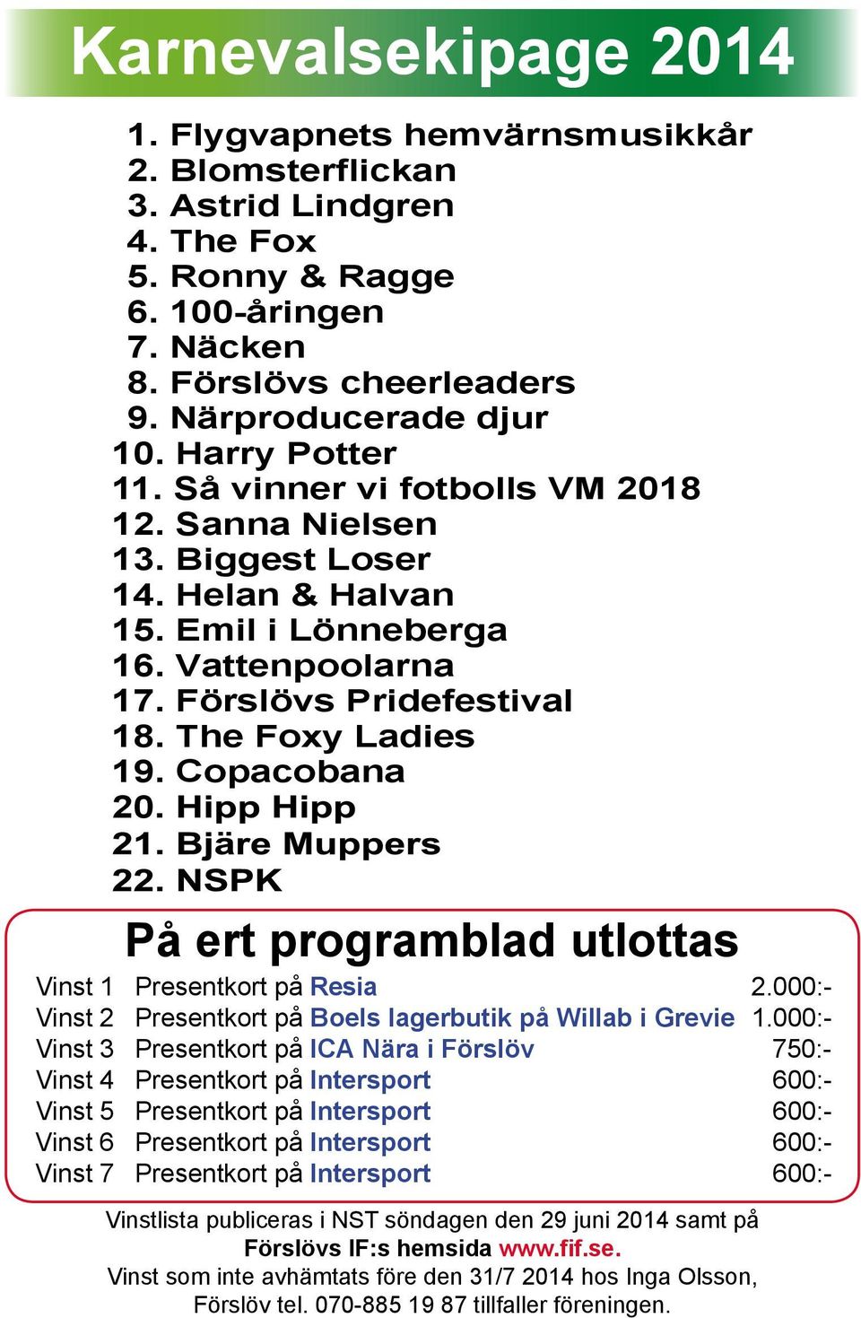 Copacobana 20 På ert programblad utlottas Vinst 1 Presentkort på Resia 2.000:- Vinst 2 Presentkort på Boels lagerbutik på Willab i Grevie 1.