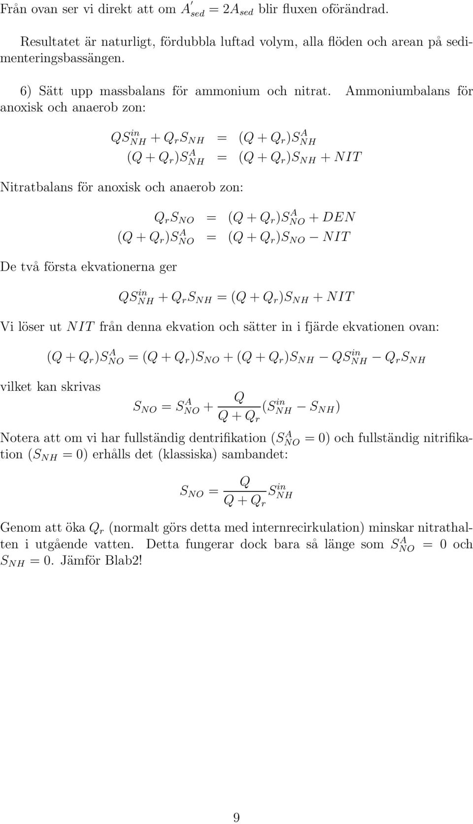 Ammoniumbalans för anoxisk och anaerob zon: QSNH in rs NH = (Q + Q r )SNH A (Q + Q r )SNH A = (Q + Q r)s NH + NIT Nitratbalans för anoxisk och anaerob zon: De två första ekvationerna ger Q r S NO =